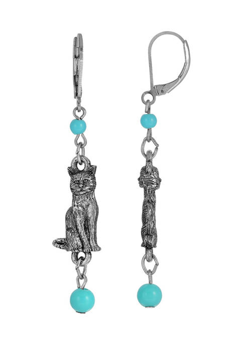 1928 Jewelry Silver Tone Turquoise Bead Cat Drop