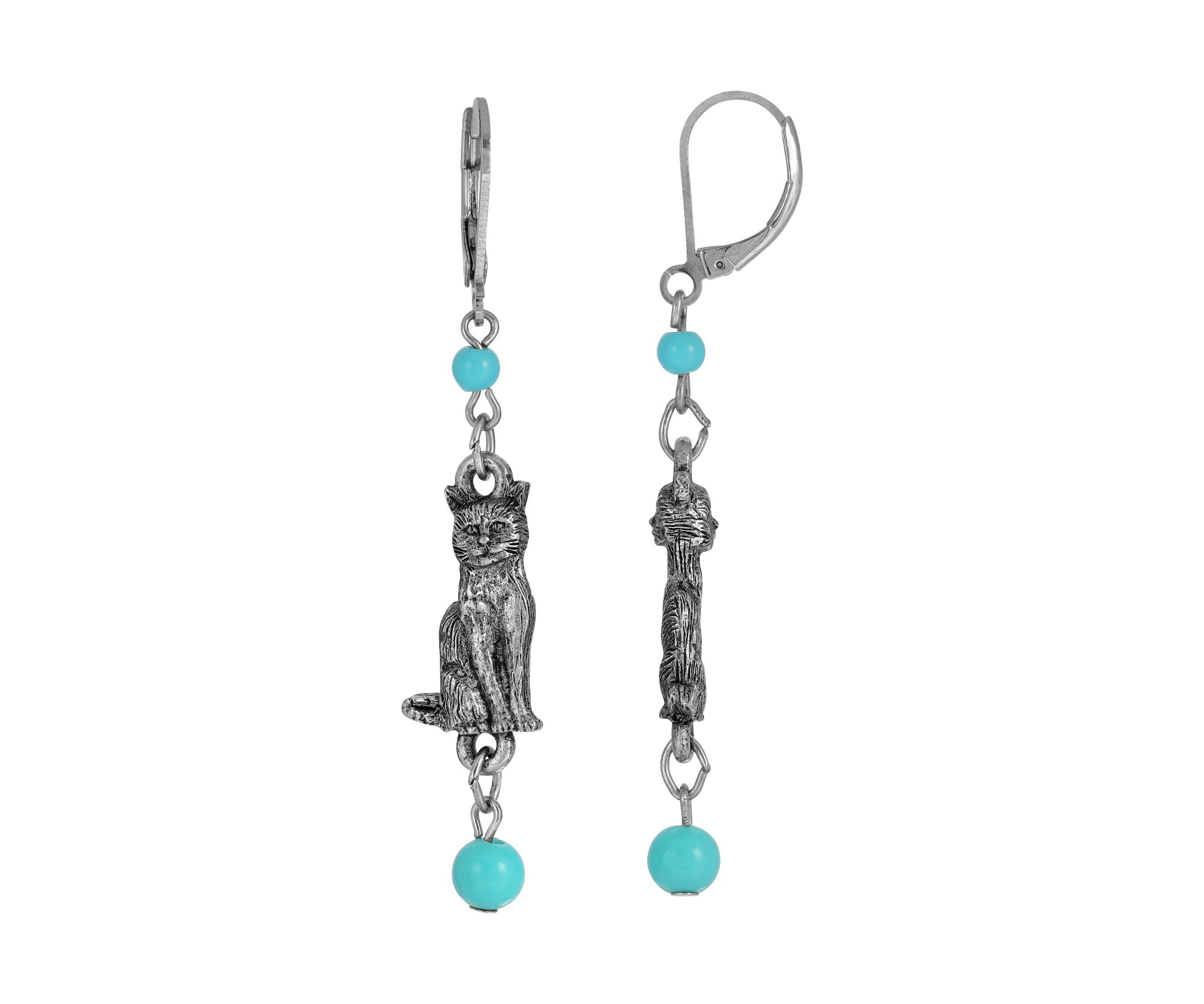Silver Tone Turquoise Bead Cat Drop Earrings