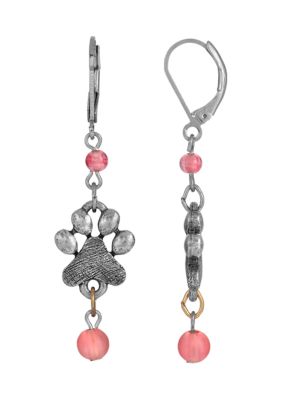 Silver Tone Pink Bead Paw Print Earrings