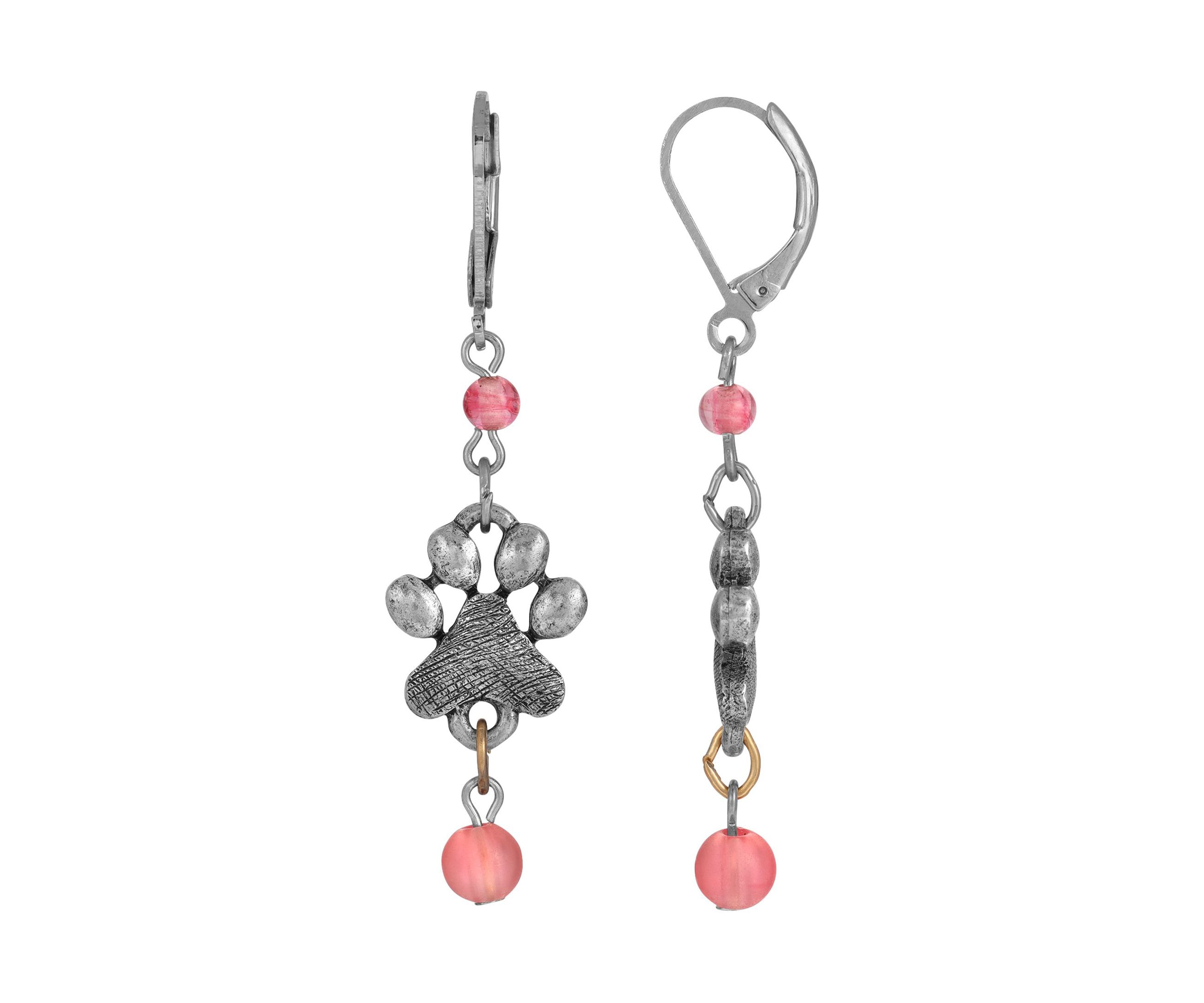 Silver Tone Pink Bead Paw Print Earrings