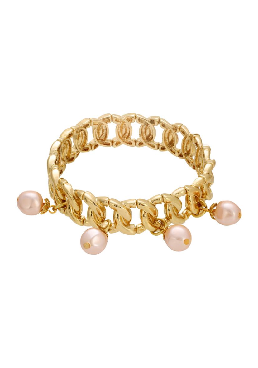 Gold Tone  Peach Pearl Drop Stretch Bracelet