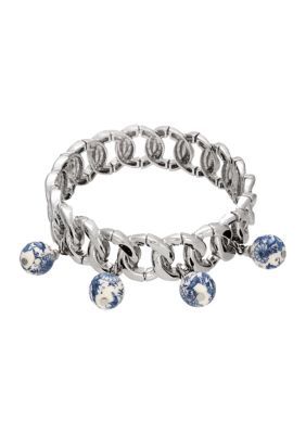 Silver Tone Blue Floral Bead Drop Stretch Bracelet