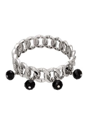 Silver Tone Black Bead  Drop Stretch Bracelet