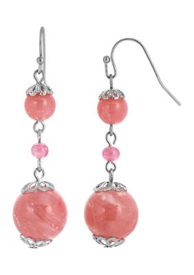 Silver-Tone Pink Bead Drop Earrings