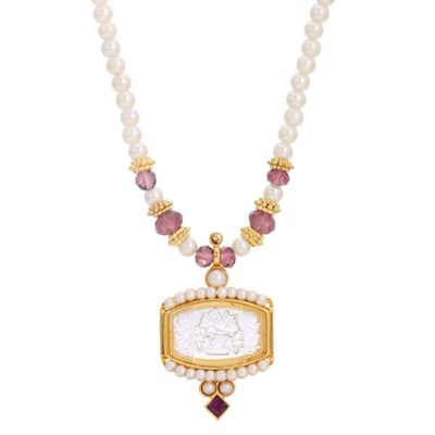 Gold-tone Pearl Etched Glass Intagleo Stone Necklace 15 Inch Adj
