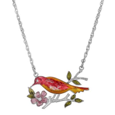 Silver Tone Red Yellow Ename Bird and Flower Necklace 18 Inch