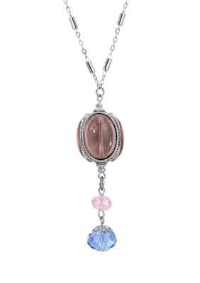 Silver Tone Pink 3 Sided Spinner Blue Drop Necklace - 28"