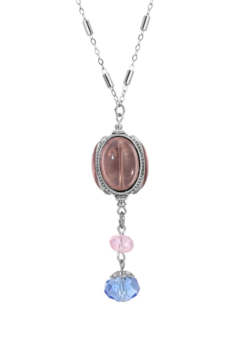 Silver Tone Pink 3 Sided Spinner Blue Drop Necklace - 28"