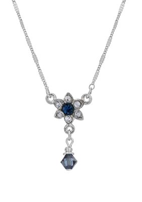 Silver Tone  Blue Petite FLower Drop 15" Necklace