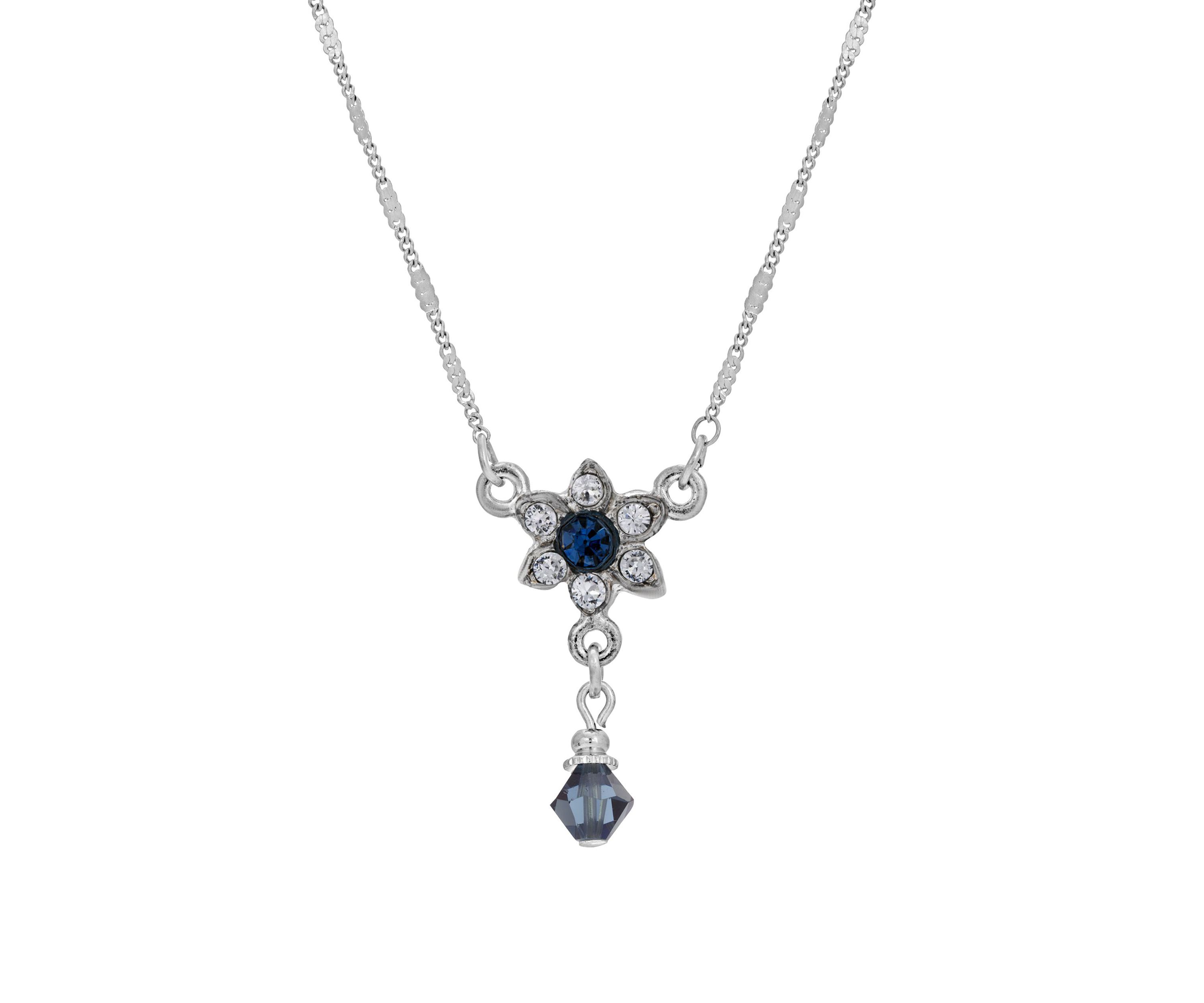 Silver Tone  Blue Petite FLower Drop 15" Necklace