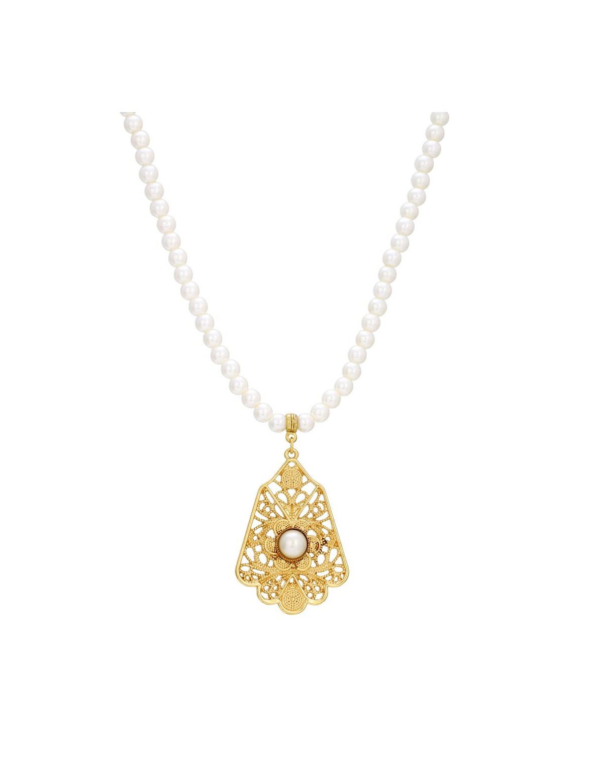 Gold Tone Filigree Drop Pearl Necklace 15 Inch Ajd