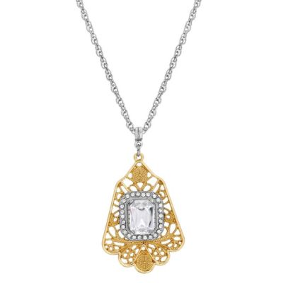 Silver Tone Crystal Gold Filigree Pendant Necklace