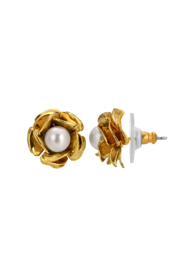 Gold Tone Fx Pearl Flower Button Earring