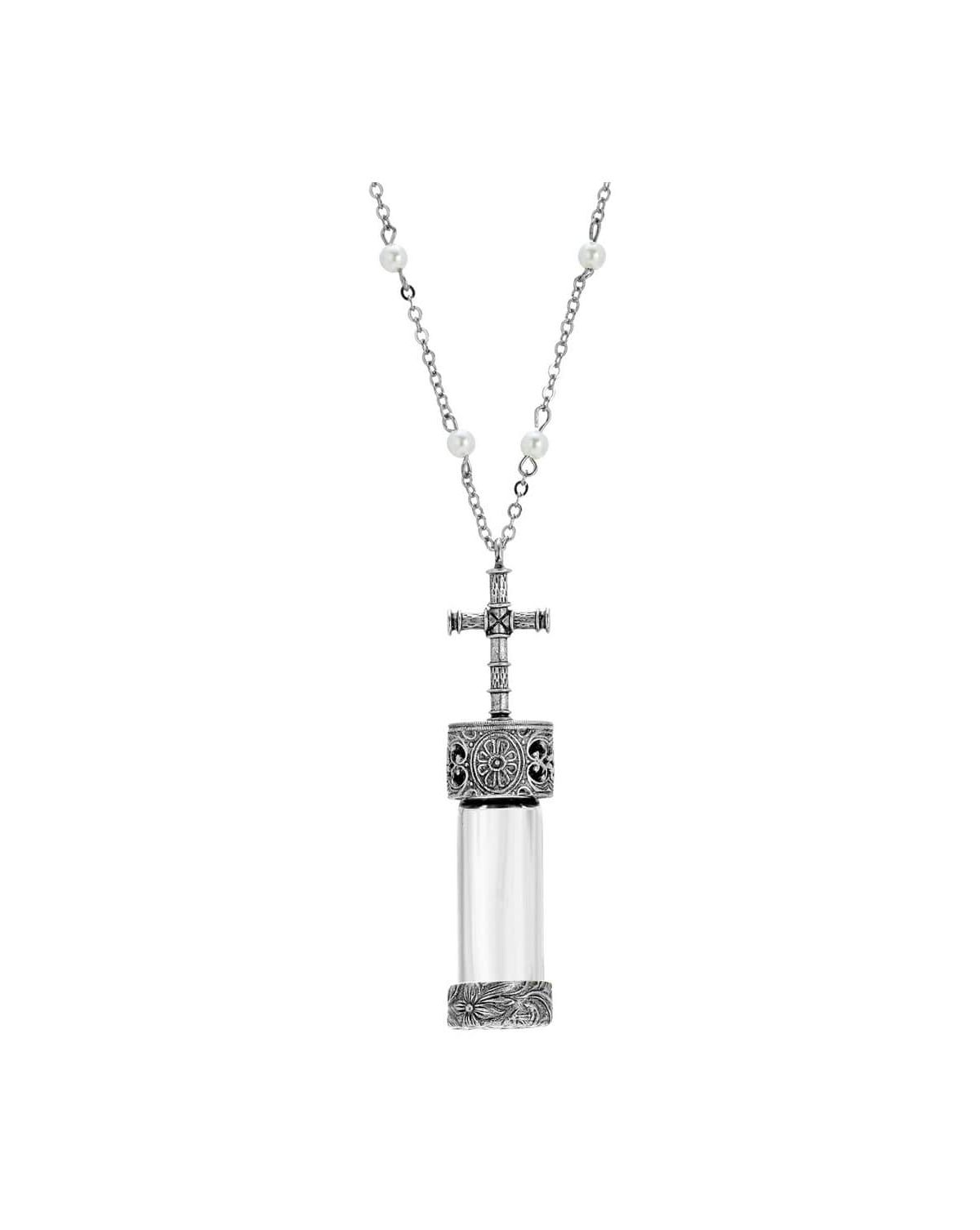 Pewter Silver Tone Cross Cap Vial Necklace 30 Inches