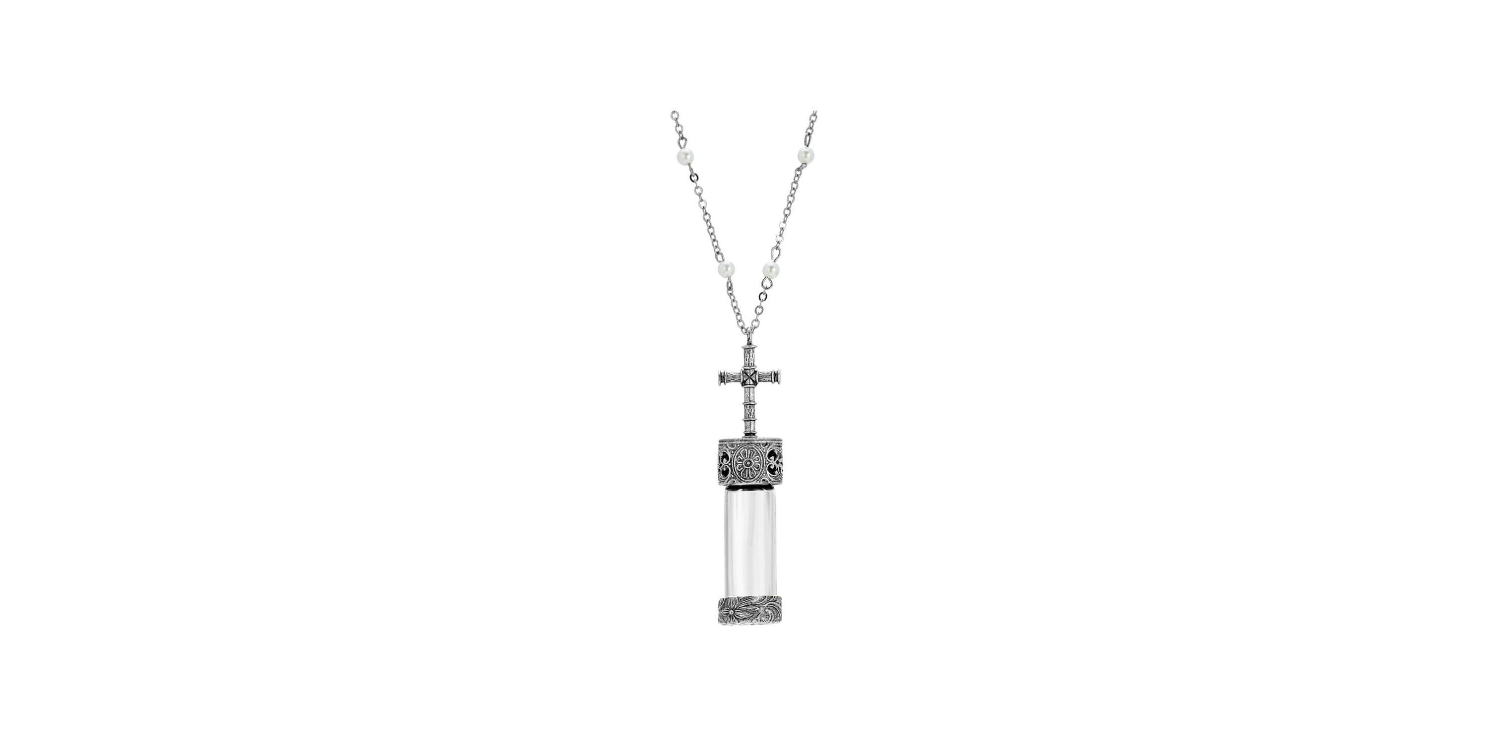 Pewter Silver Tone Cross Cap Vial Necklace 30 Inches
