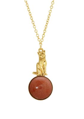 Gold Tone Semi Precious Gold Stone Cat Pendant Necklace