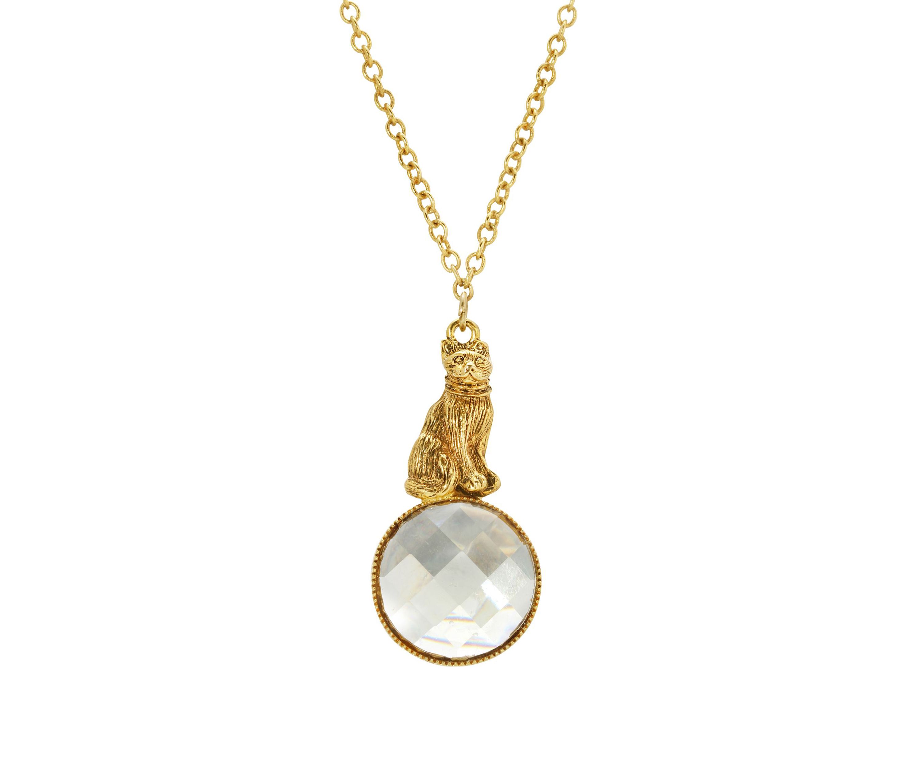 Gold Tone Light Topaz Cat Pendant Necklace