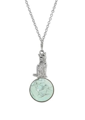 Silver Tone Semi Precious Turquoise Stone Cat Pendant Necklace