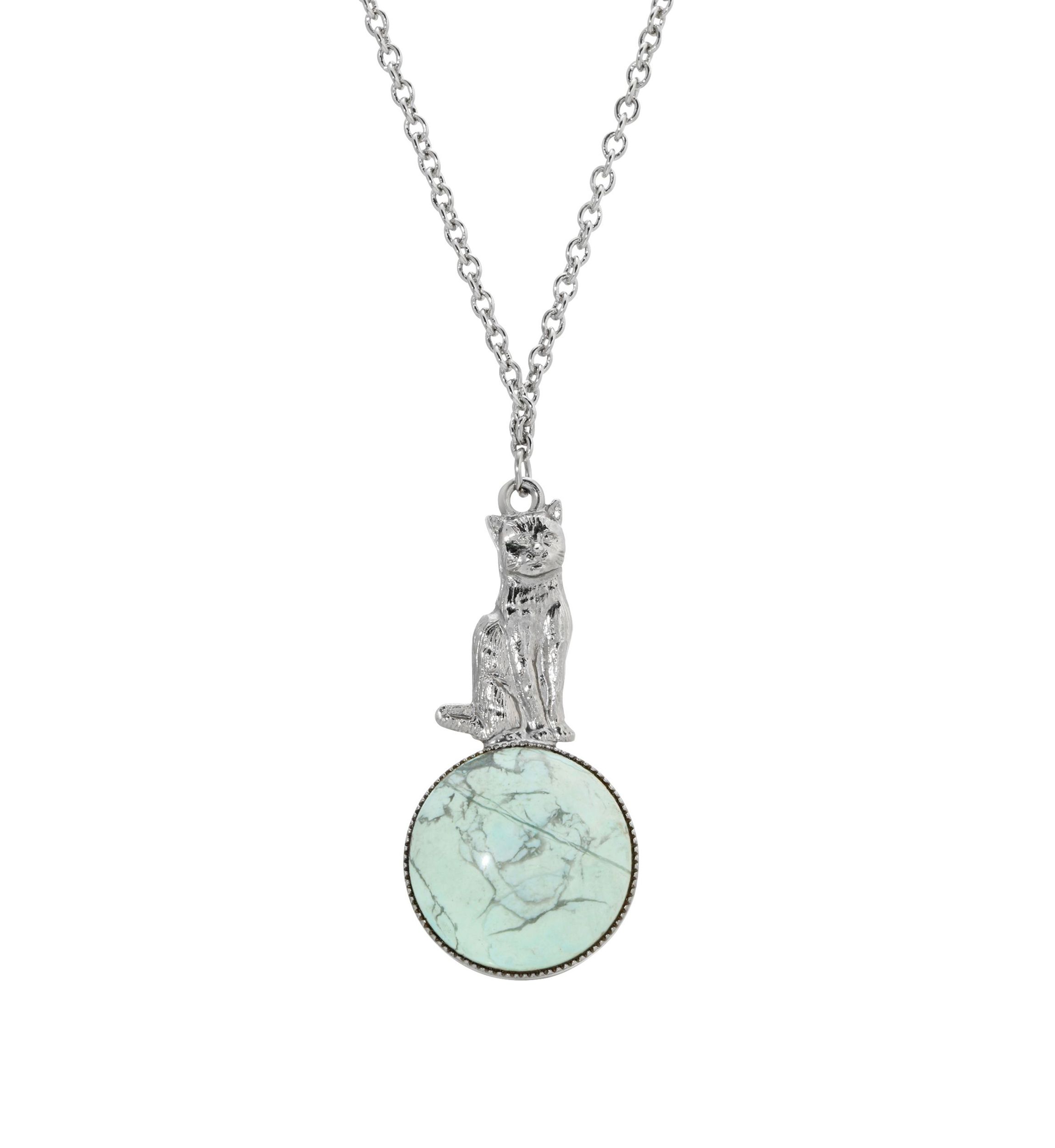 Silver Tone Semi Precious Turquoise Stone Cat Pendant Necklace