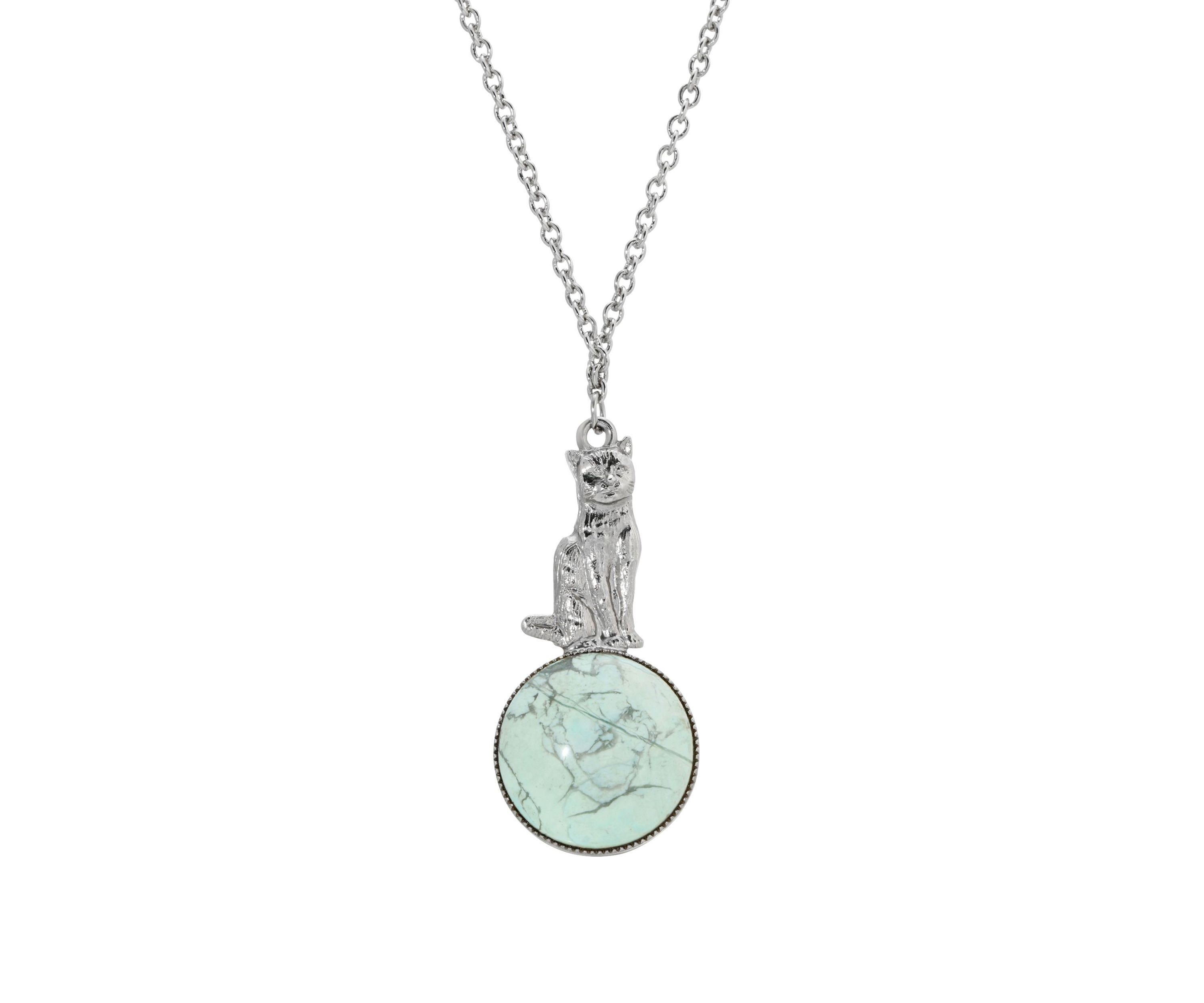 Silver Tone Semi Precious Turquoise Stone Cat Pendant Necklace