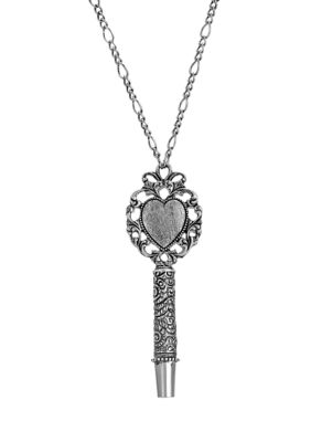 Antiqued Pewter and Silver Tone Heart Whistle Pendant Necklace