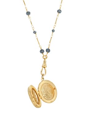 Gold Tone Blue Montana Beaded Oval Flower Double Side Locket Necklace