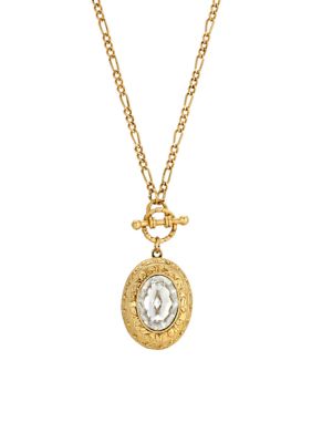Gold Tone Crystal Oval Stone  Flower Design 30" Double Side Locket Necklace
