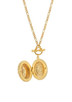 Gold Tone Crystal Oval Stone  Flower Design 30" Double Side Locket Necklace