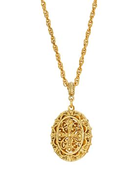 Gold Tone Oval Cross Filigree Double Sided Locket Necklace