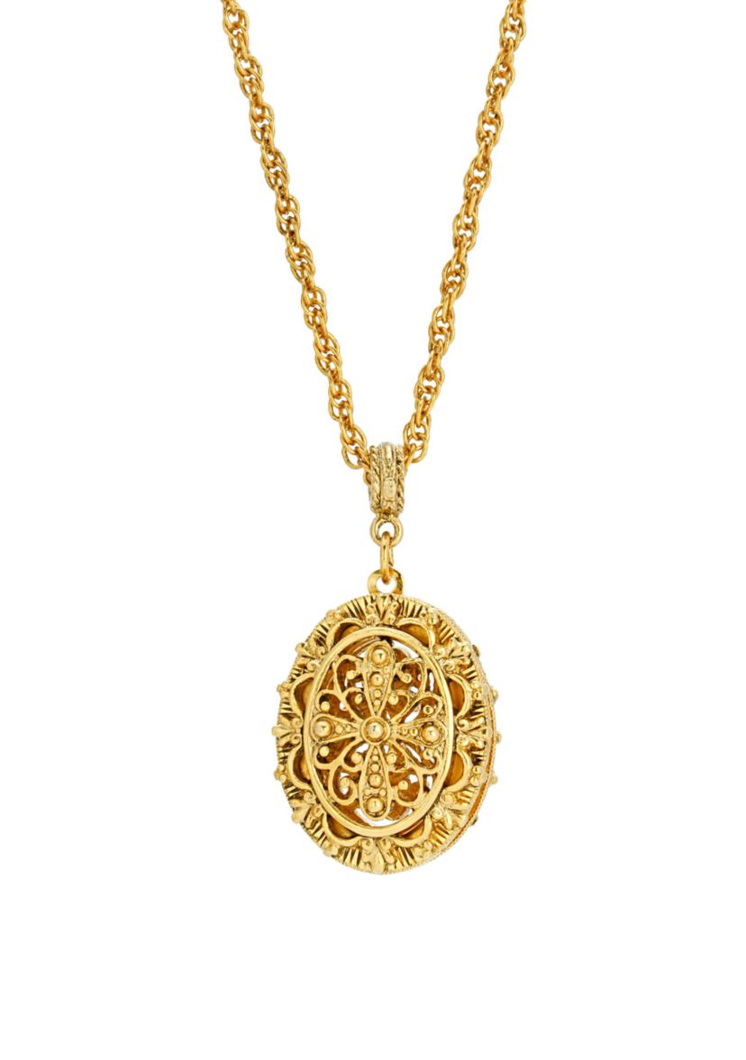 Gold Tone Oval Cross Filigree Double Sided Locket Necklace