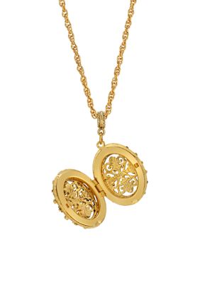 Gold Tone Oval Cross Filigree Double Sided Locket Necklace