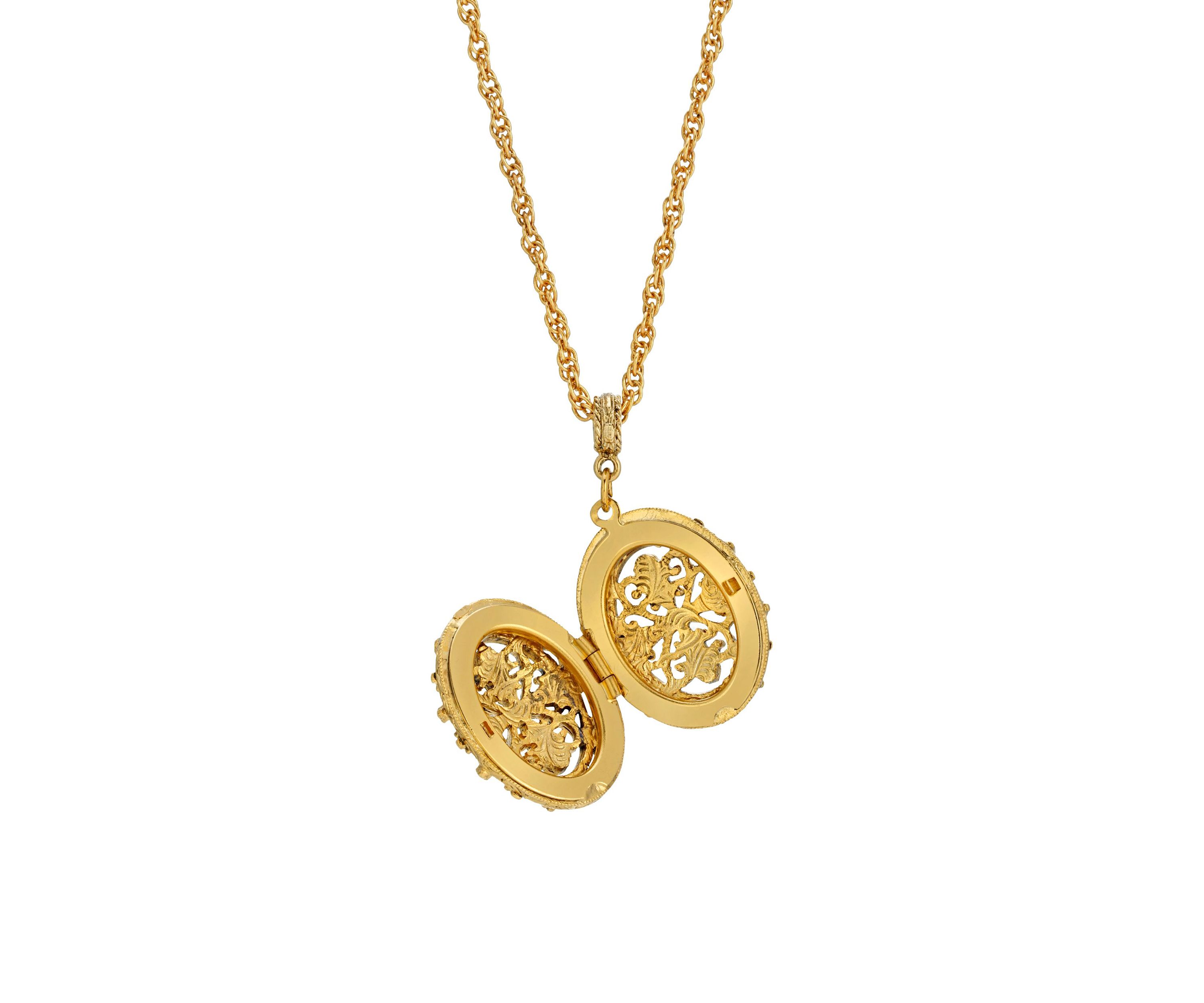 Gold Tone Oval Cross Filigree Double Sided Locket Necklace