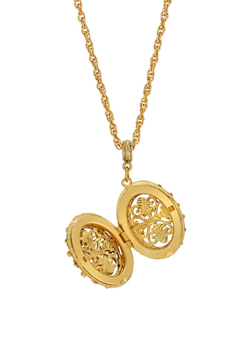 Gold Tone Oval Cross Filigree Double Sided Locket Necklace
