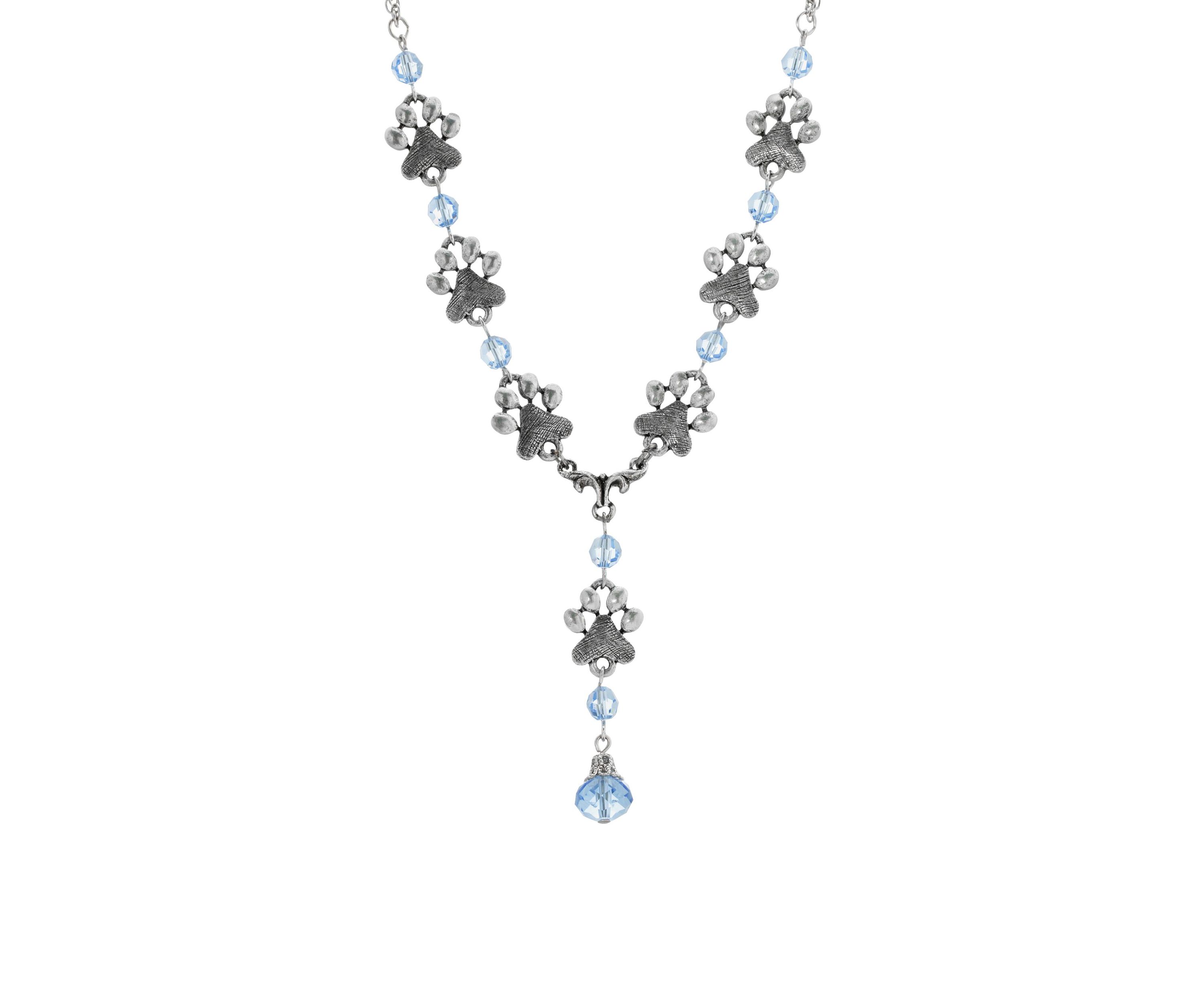 Pewter Light Blue Sapphire Beaded "A" Paw Necklace