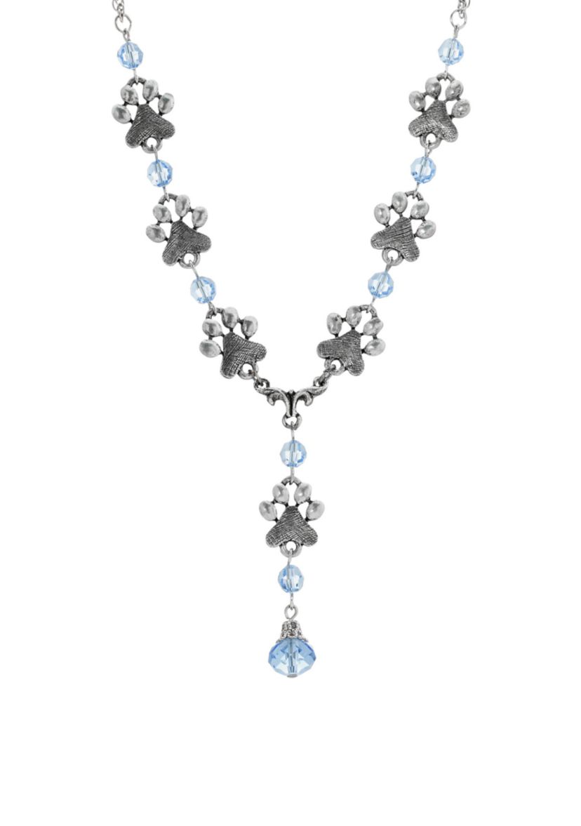 Pewter Light Blue Sapphire Beaded "A" Paw Necklace