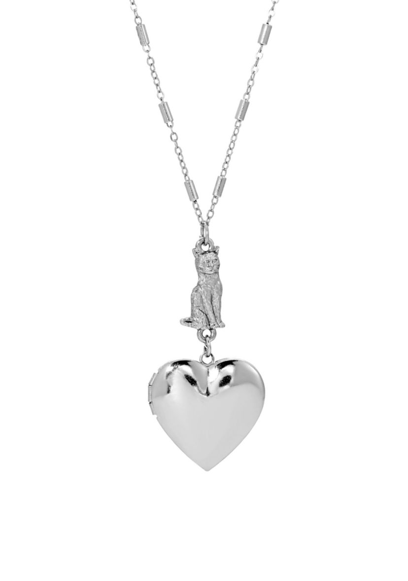 Silver Tone Heart Cat Necklace - 30 Inches