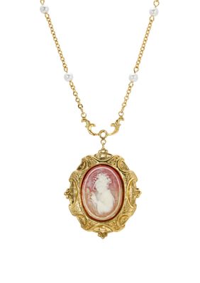 Gold Tone Cameo Pearl 16 "A" Necklace