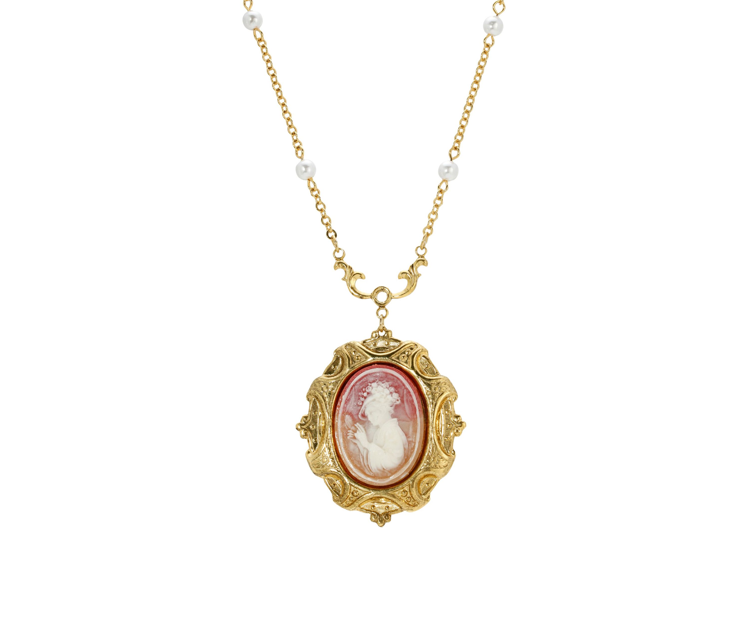 Gold Tone Cameo Pearl 16 "A" Necklace