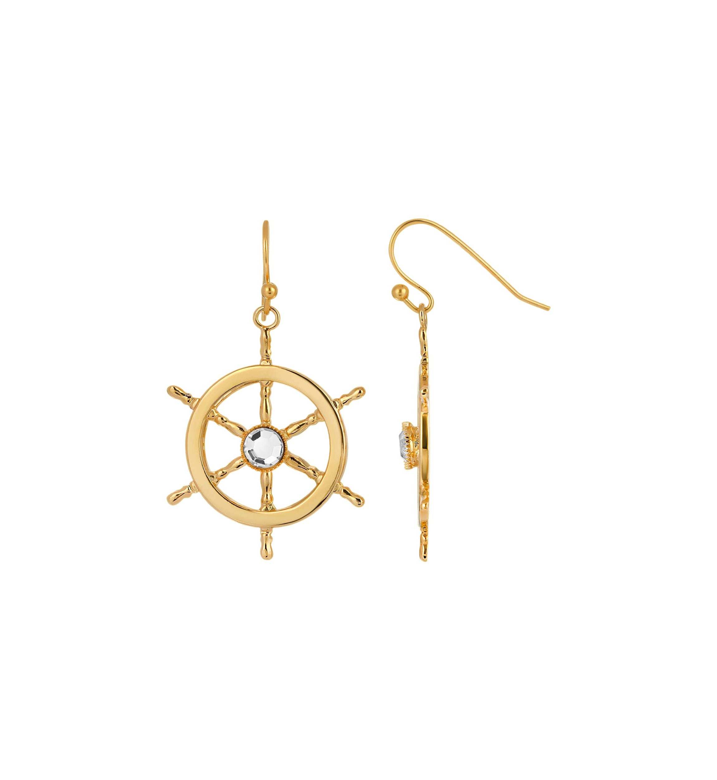 Gold Tone Crystal Center Boat Wheel Earring