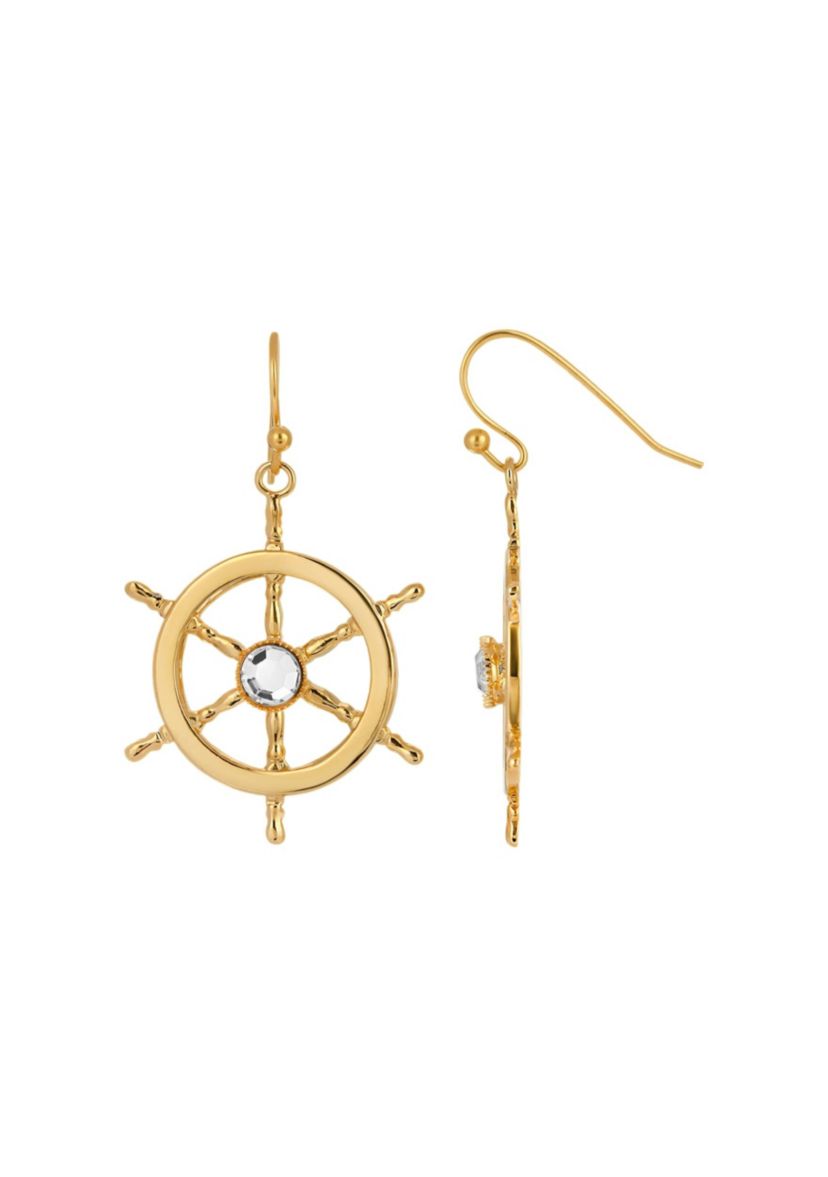 Gold Tone Crystal Center Boat Wheel Earring