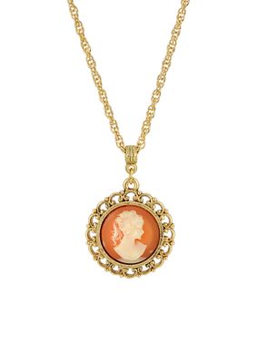 Gold Tone Round Cameo Pendant Necklace