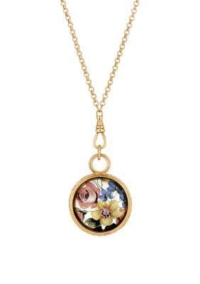 Gold Tone Round Floral Antique Glass Necklace 