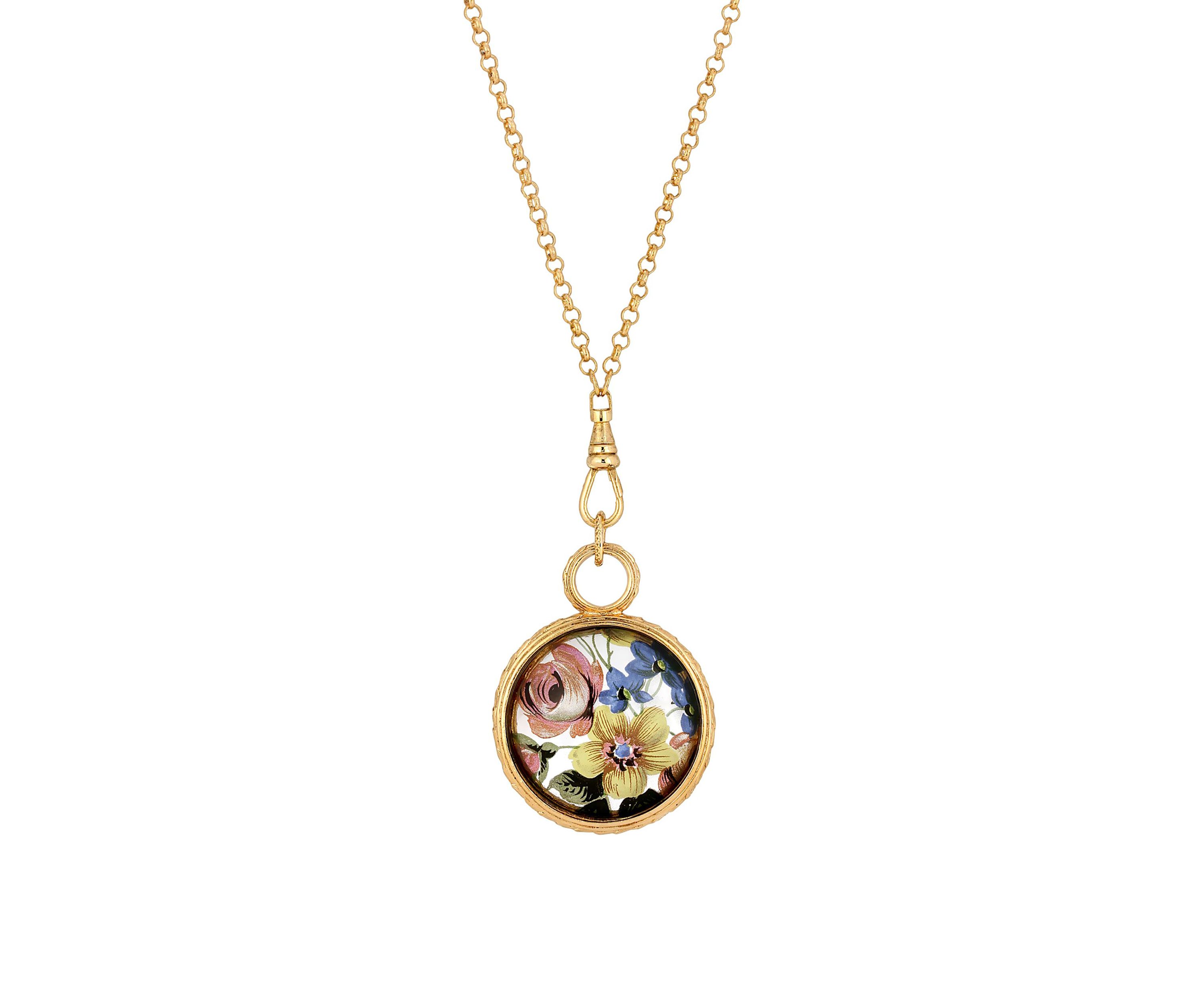Gold Tone Round Floral Antique Glass Necklace 