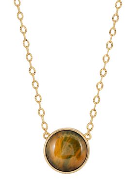 Gold Tone Round Honey Tiger Eye Stone 16" + 3" ADJ Necklace