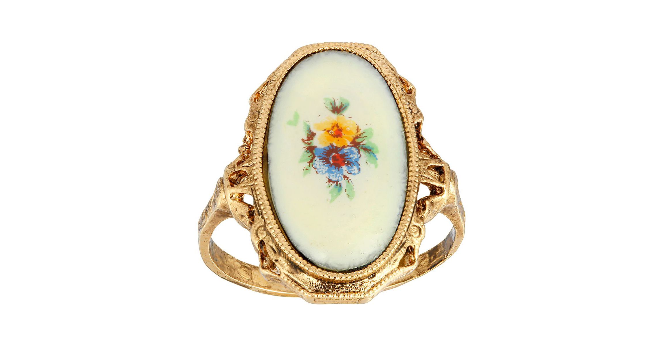 Gold Tone Oval Flower Ring Size 8