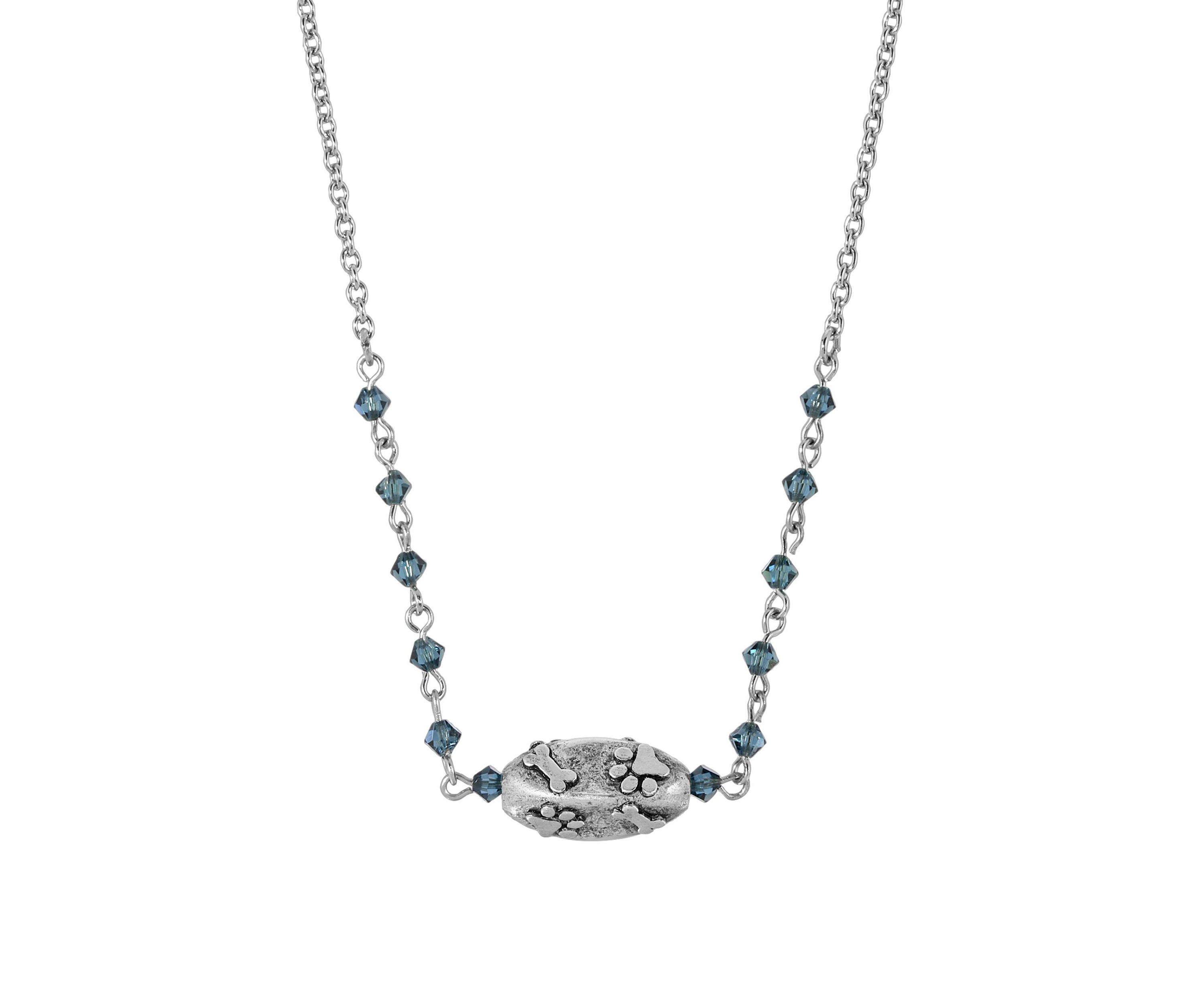 Silver Tone Blue Bead Paw and Bone Bead Necklace - 16" Adj
