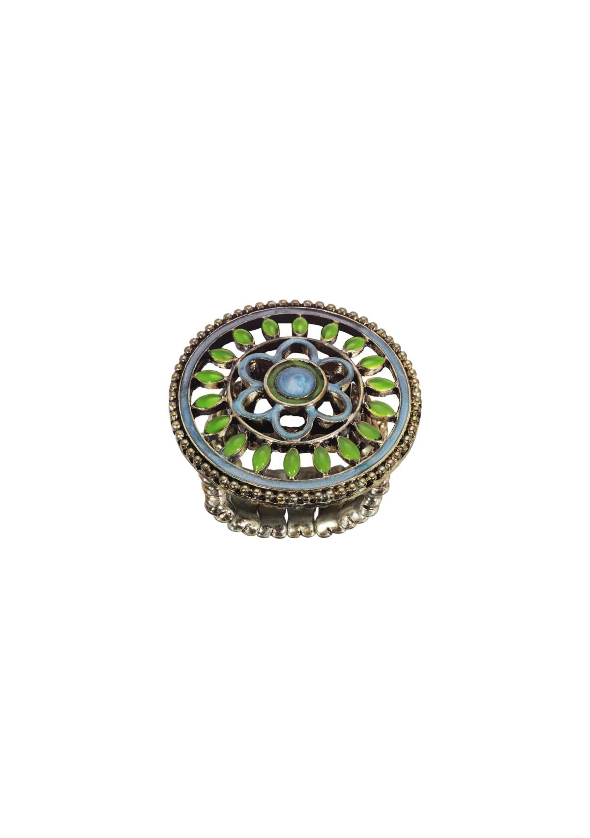Gold-Tone Blue and Green Enamel Round Floral Stretch Ring