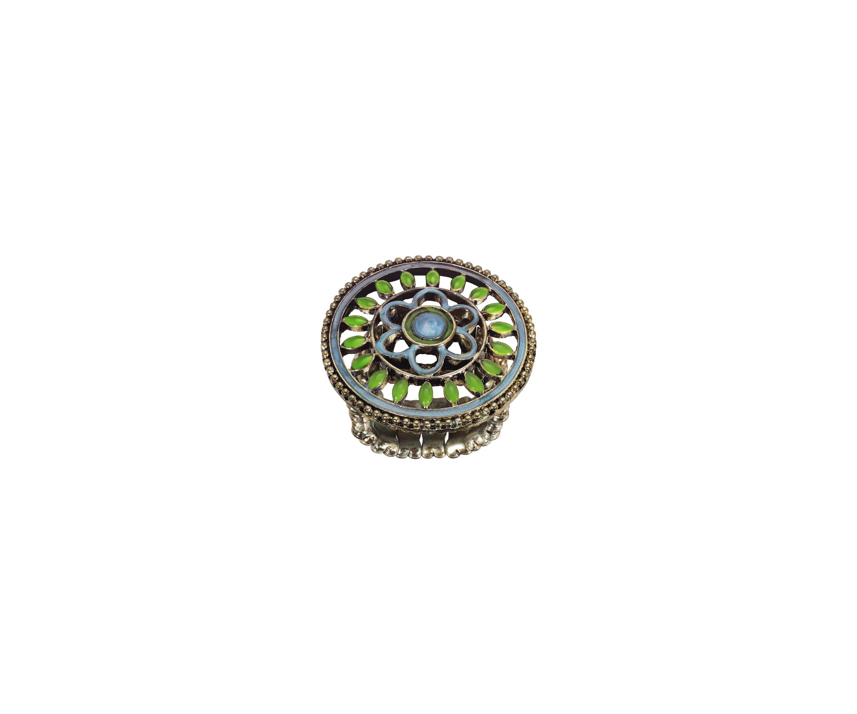 Gold-Tone Blue and Green Enamel Round Floral Stretch Ring