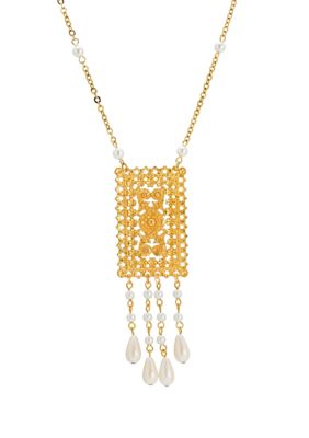 Gold Tone Pearl Drop Rectangle Necklace 