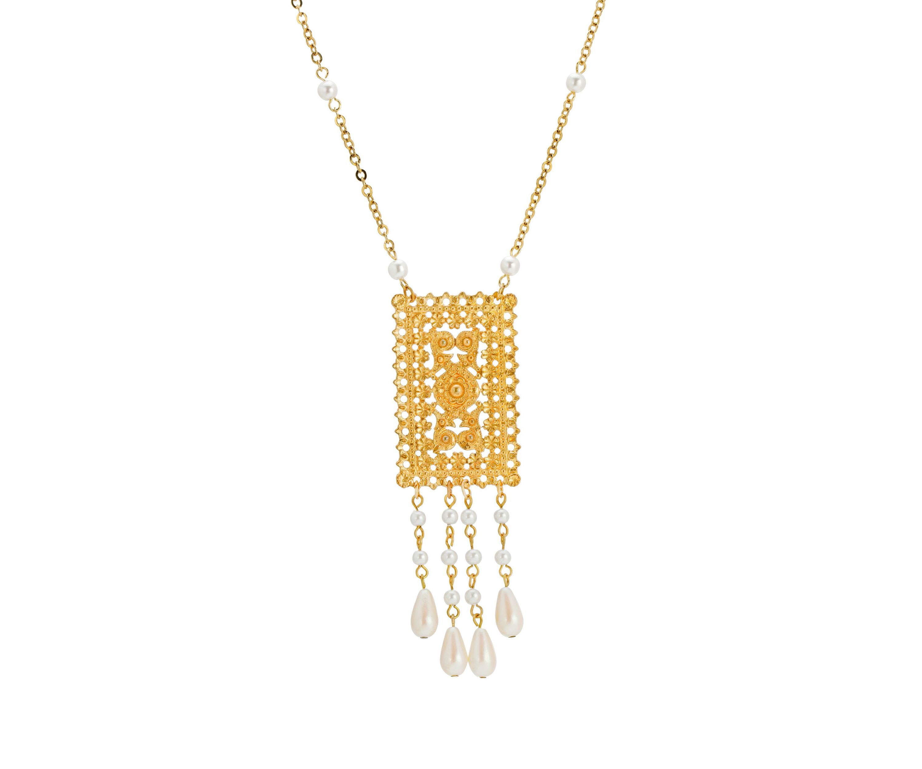 Gold Tone Pearl Drop Rectangle Necklace 